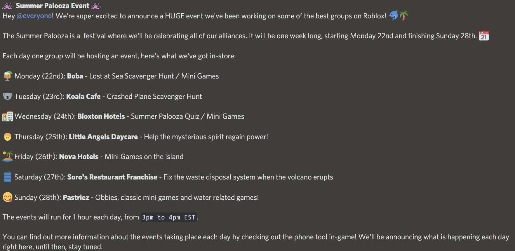 Soro S Restaurant On Twitter Summer Palooza Event Starts On Monday More Information In The Image - roblox groups nova hotels