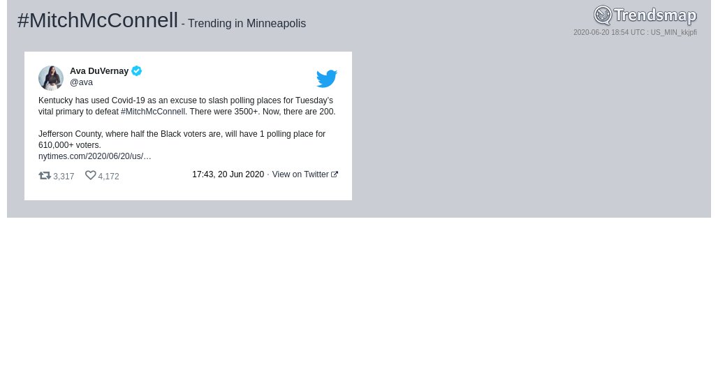 TrendsMPLS's tweet photo. #mitchmcconnell is now trending in #Minneapolis

https://t.co/XjeNSb7YrX https://t.co/tKu7zsy4eF