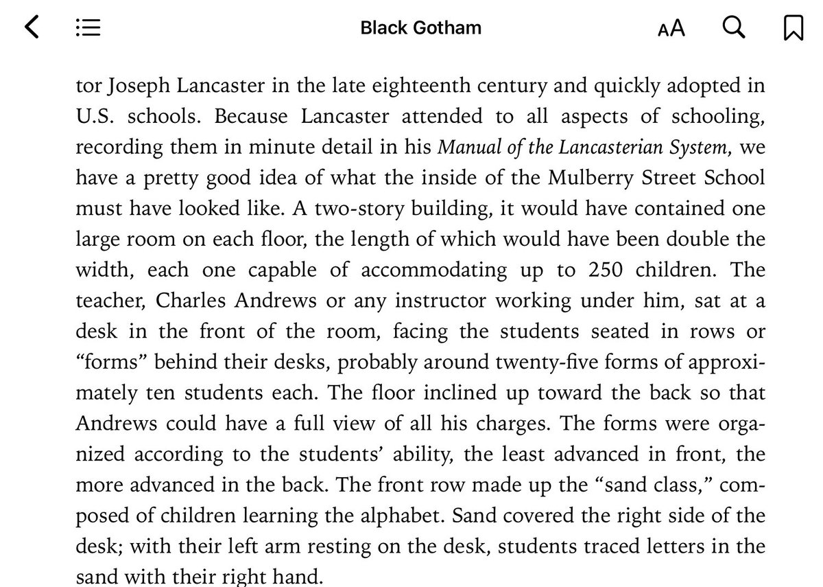 Lancaster’s system implied that you could accommodate 250 children in a hall and teach them all if the “floor included up toward the back” so the educator could see all of the students. The room was also arranged according to student ability...