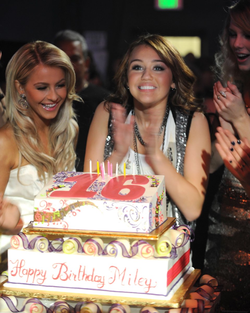 Miley celebrated her 16th birthday backstage with friends including Ashley Tisdale and Taylor Swift (who had recently broken up with Joe Jonas)