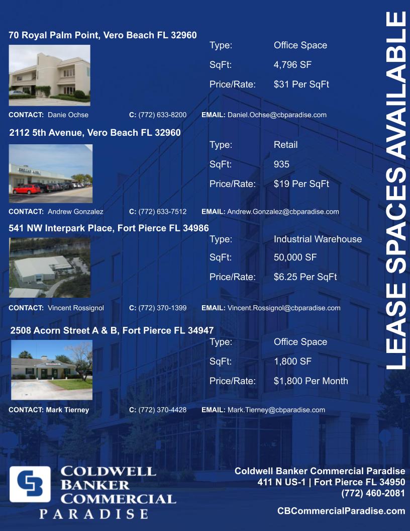 It's Lease Saturday again! Take a look at these awesome Office and Retail leases in Vero Beach and Fort Pierce!
#CREnews #CREDeals #Commercial #Indianrivercounty #Saintluciecounty #Treasurecoast #Florida #Retail #Office #VeroBeach #FortPierce #ForLease #Coldwellbankercommercial