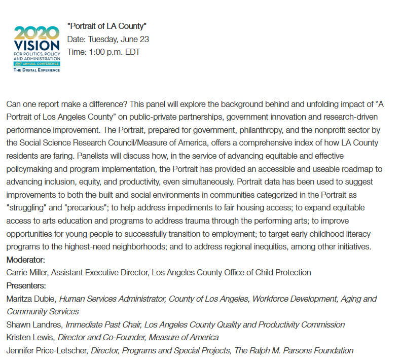 ASPANational's tweet photo. Our #ASPA2020 Digital Experience features six live panels this week, including a great look at data informing equity in LA County! Register for the Digital Experience and then sign up to be on this event on Tuesday!
https://t.co/rOpCe3vqJL https://t.co/VDEHrkAC3W