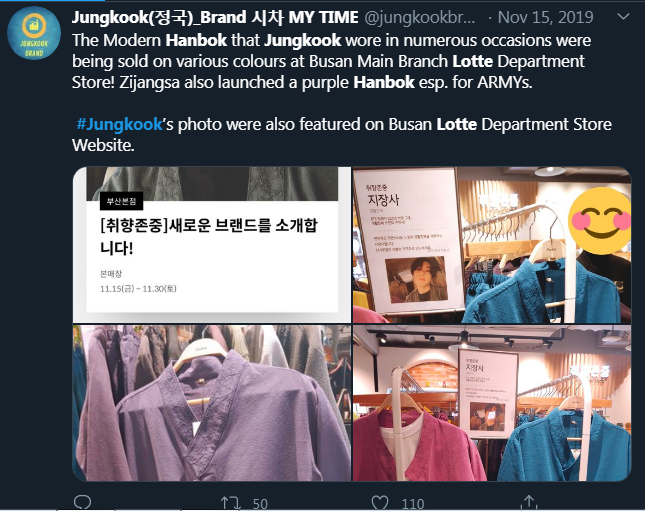 Jungkook revived the modern hanbok trend last year after using it a couple times. It was so viral even big korean MCs started to use it. After the brand started to skyrocket in sales and opened a store in Lotte, JK suddenly stopped using them.