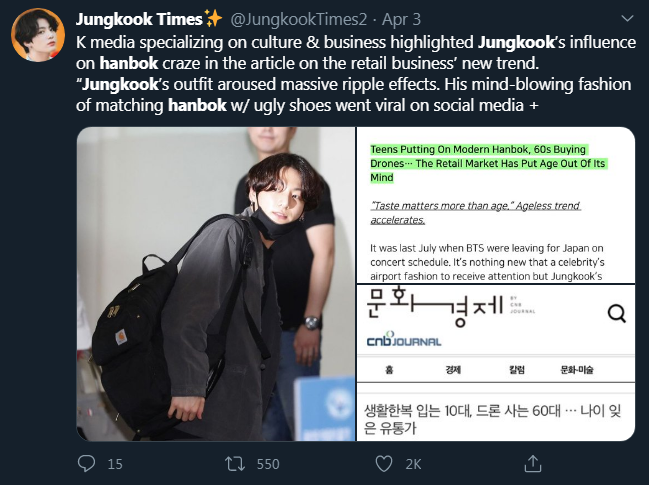 Jungkook revived the modern hanbok trend last year after using it a couple times. It was so viral even big korean MCs started to use it. After the brand started to skyrocket in sales and opened a store in Lotte, JK suddenly stopped using them.