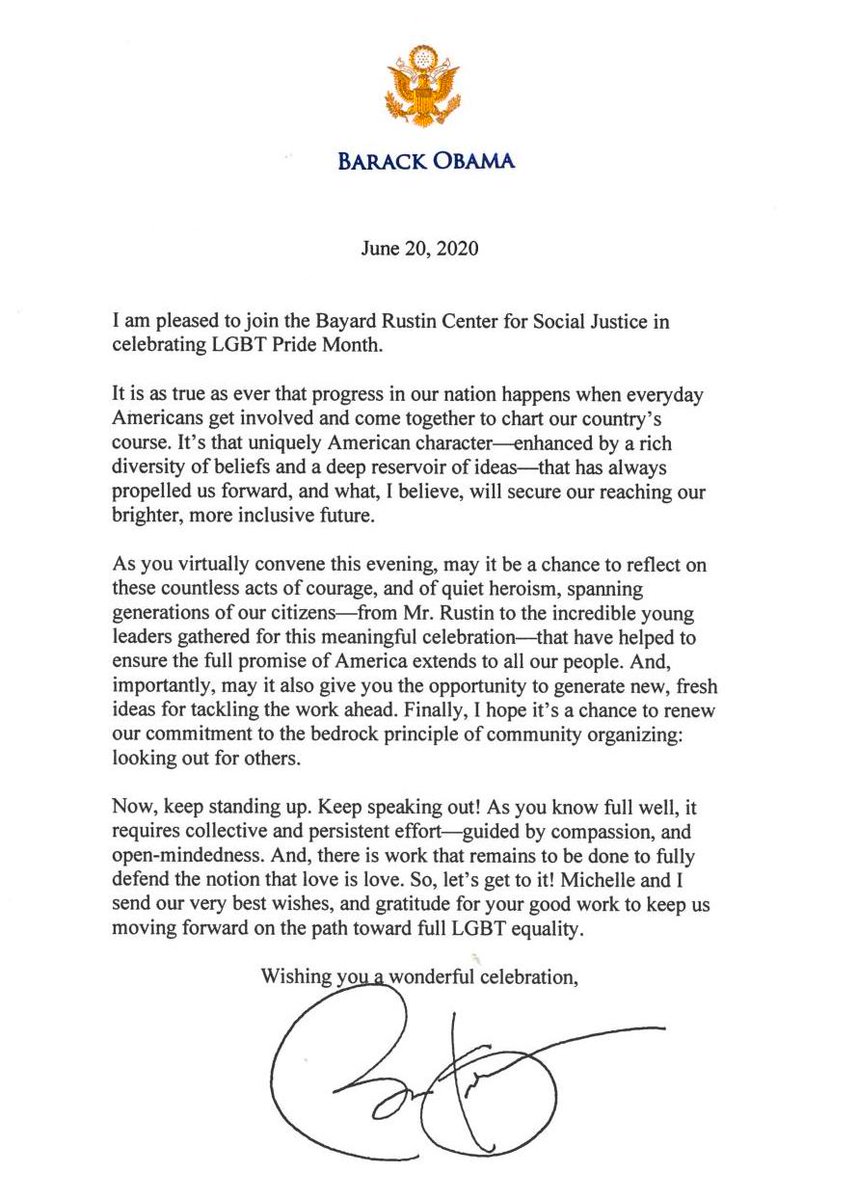 RustinCenter's tweet image. Thank you President @BarackObama & First Lady @MichelleObama for supporting our VIRTUAL PRIDE
@RustinCenter honored by this personal letter & your deep commitment to our LGBTQIA community
Please read below & join us tonite in celebration, solidarity & hope
facebook.com/events/1827100…