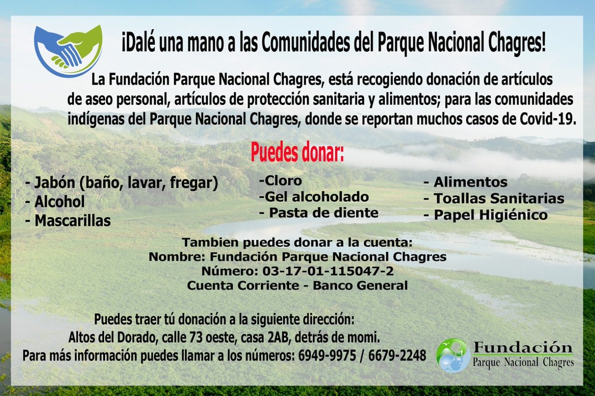FundaChagres's tweet photo. La Fundación Chagres, está recogiendo donación de artículos para aseo personal y de protección sanitaria, alimentos; para las comunidades indígenas del Parque Nacional Chagres!! https://t.co/D6R6oJwjQ7