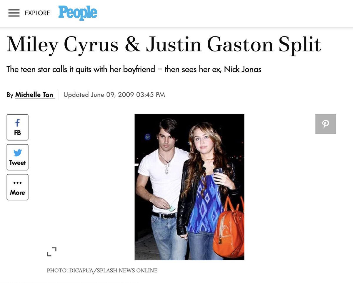 June 7, 2009: Miley Cyrus and Justin Gaston officially broke up. It was reported two days later. Nick Jonas was still single at the time.