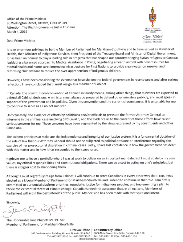  #TrudeauCorruption was too much for one Liberal MP.On March 4, 2019, Treasury Board President  @janephilpott resigned from cabinet:"It is a fundamental doctrine of the rule of law that our Attorney General should not be subjected to political pressure"