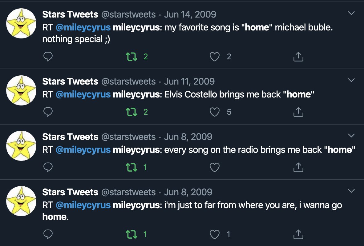 June 14, 2009: Miley tweeted about the song “Home” by Michael Buble. In the week leading up to then, she had tweeted several cryptic things about “home” - including a tweet about one of Nick’s favorite artists, Elvis Costello.