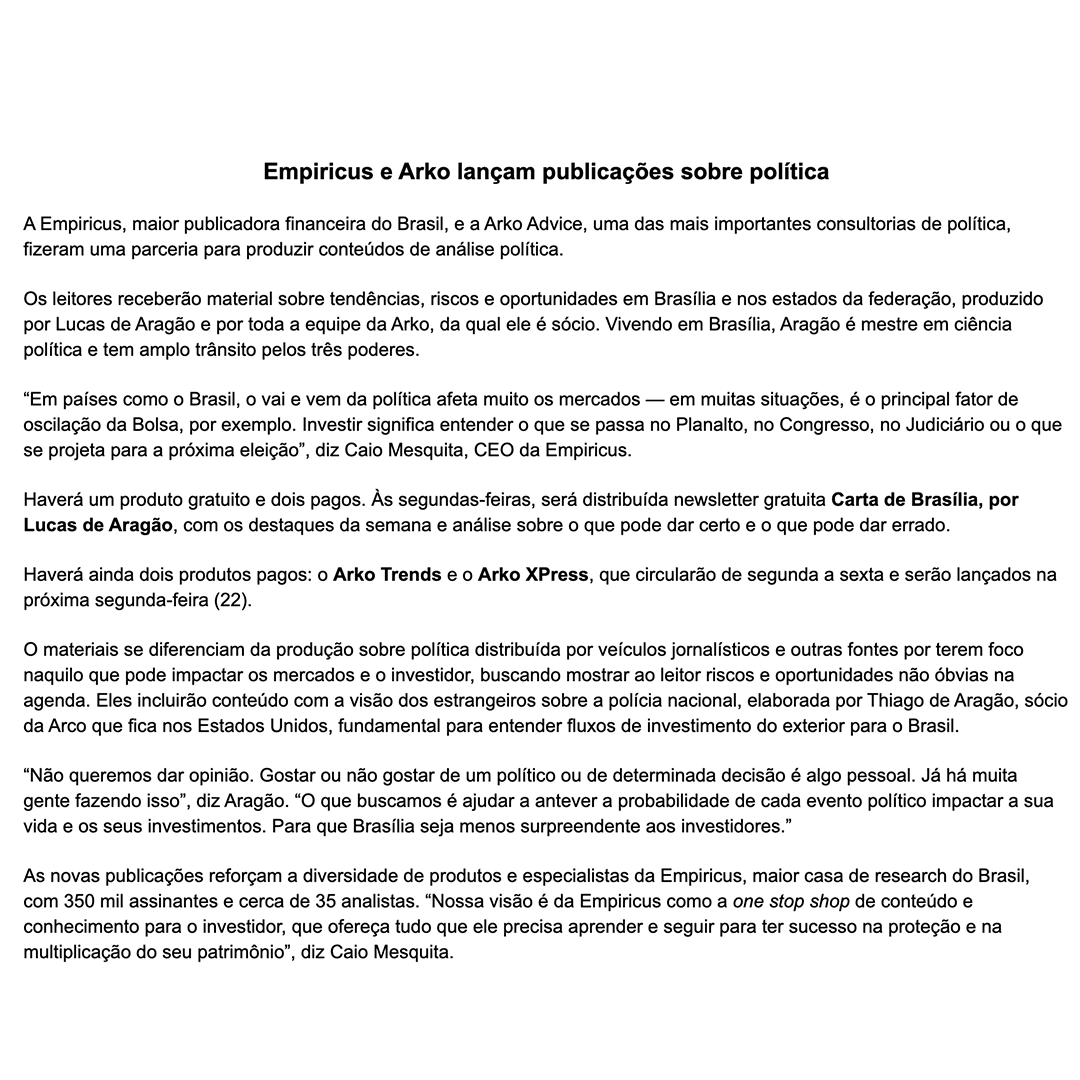 empiricus's tweet photo. Empiricus e Arko lançam publicações sobre política: https://t.co/m1w9Miq1rR
