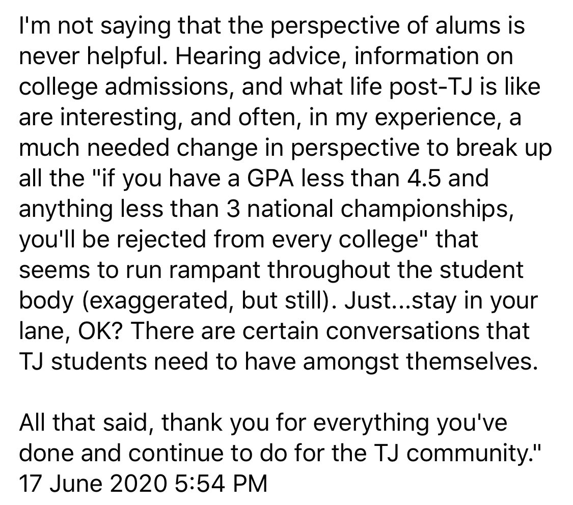 . @FCPSPsychs I honor what you do. It’s for the mental health of our TJ families+students I speak up. 1st the TJ principal shamed our mostly minority TJ families to check our “privilege.” Now this “TJ Alumni Action Group” so adult bullies students, students are telling them: stop.