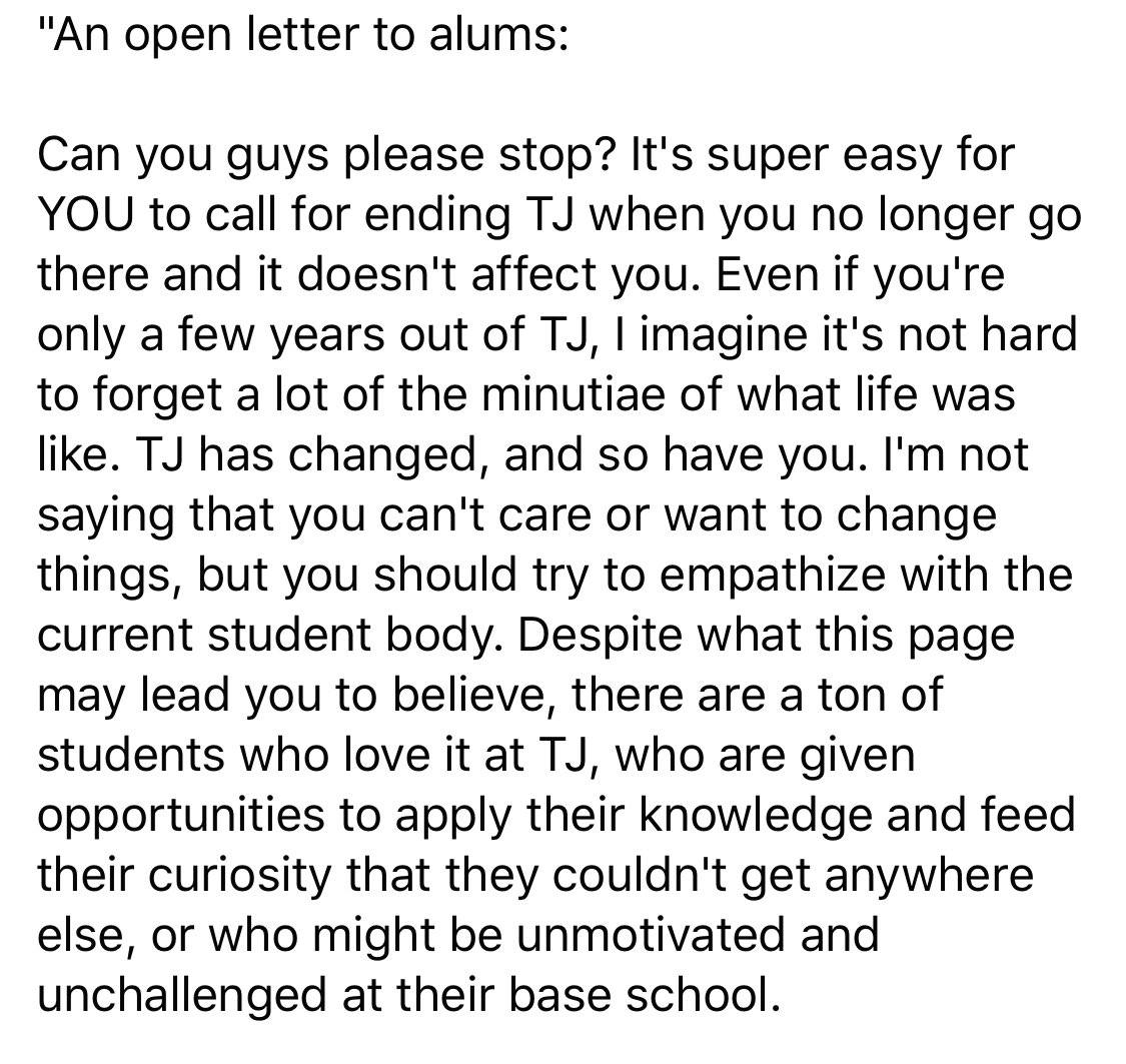 . @FCPSPsychs I honor what you do. It’s for the mental health of our TJ families+students I speak up. 1st the TJ principal shamed our mostly minority TJ families to check our “privilege.” Now this “TJ Alumni Action Group” so adult bullies students, students are telling them: stop.