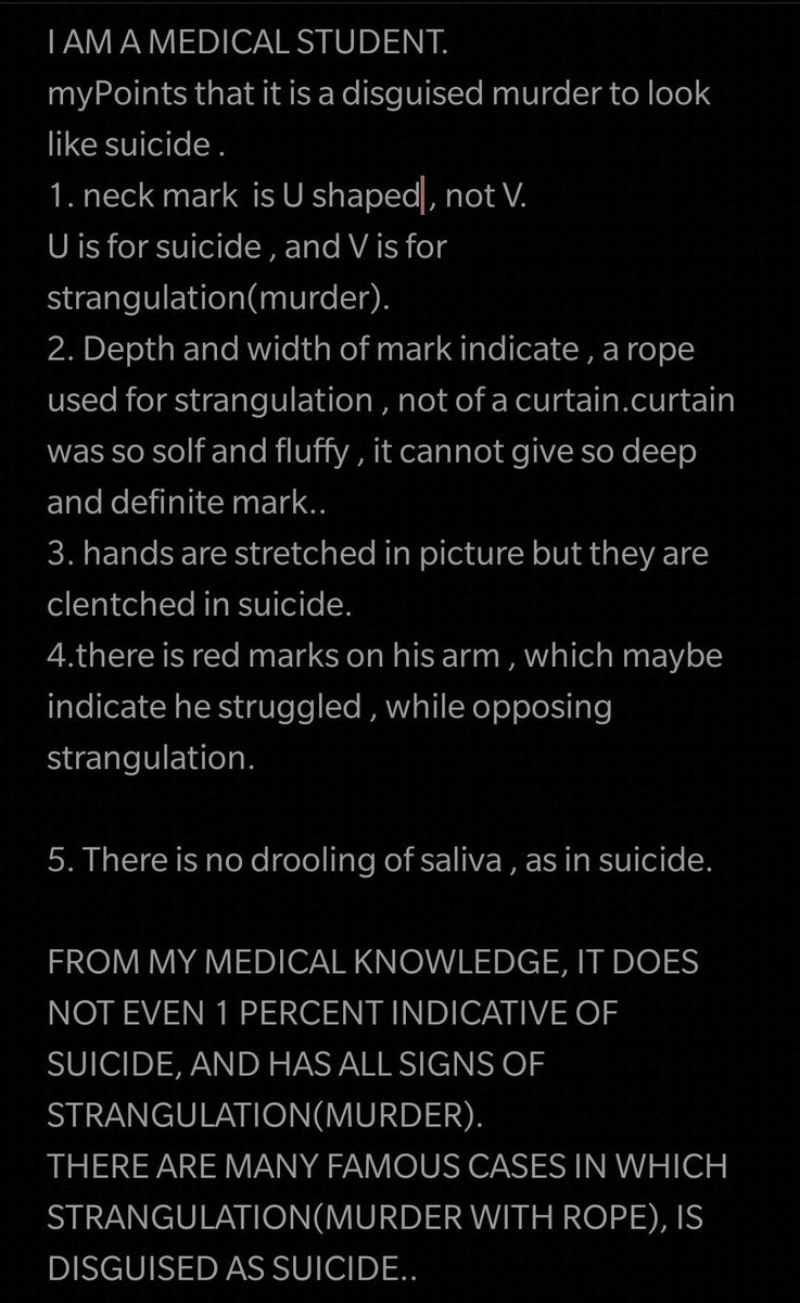 InnduRaitaani's tweet photo. It's a murder and it's very clear 

Police needs to get active and arrest the murderer

#ArrestMurdererOfSushant https://t.co/Vi8nfKVhRD