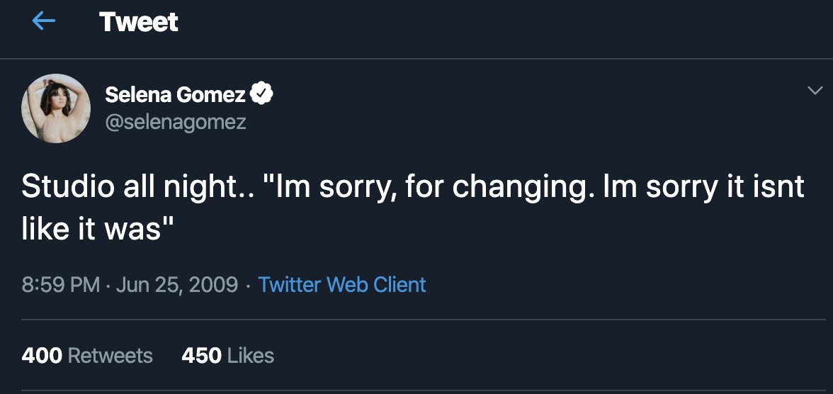 June 25, 2009: Selena Gomez tweeted lyrics from her song “I Won’t Apologize” which she wrote about Nick Jonas and his feelings for Miley Cyrus.