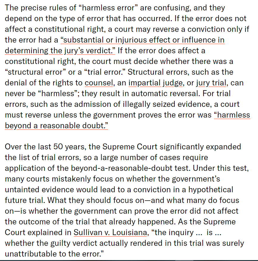 PROBLEM  COURT: APPELLATE Failure to remediate constitutional violations by labeling them as Harmless Error.  Apply Chapman with rigor, stop defending unconstitutional convictions, pass legislation. See https://scholarlycommons.law.northwestern.edu/cgi/viewcontent.cgi?article=6192&context=jclc and see  https://theappeal.org/harmless-error-explained/