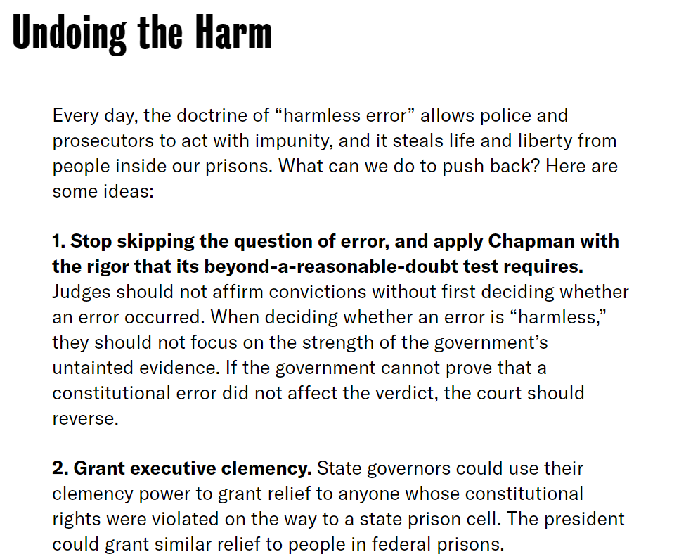 PROBLEM  COURT: APPELLATE Failure to remediate constitutional violations by labeling them as Harmless Error.  Apply Chapman with rigor, stop defending unconstitutional convictions, pass legislation. See https://scholarlycommons.law.northwestern.edu/cgi/viewcontent.cgi?article=6192&context=jclc and see  https://theappeal.org/harmless-error-explained/