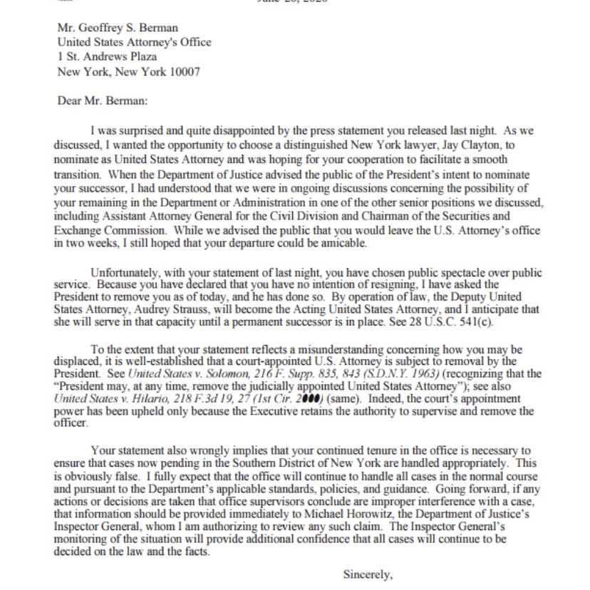 Even media reporters who I thought would know how this works are falling for Berman's gaslighting, demanding to know why in this letter today Barr doesn't mention his having tried to FORCE Berman to resign yesterday.