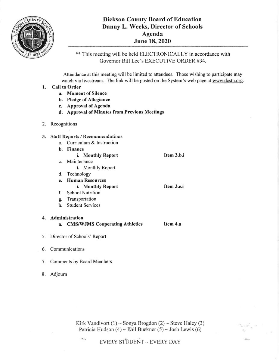 Dickson Co. Board of Edu. Regular Session 6/18/2020 youtu.be/85vwU6hV8cw