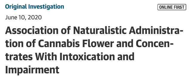 Full study available at link below. Basic idea: two groups of people. One gets  #cannabis flower w/ 16-24% THC, other gets concentrates w/ 70-90% THC. Each group consumes product, and they look at how high people get. Let's look at study design + results 5/  https://jamanetwork.com/journals/jamapsychiatry/fullarticle/2767219?guestaccesskey=3c2f6e78-f462-4f84-9730-6a3d5e97daa0&utm_source=for_the_media&utm_medium=referral&utm_campaign=ftm_links&utm_content=tfl&utm_term=061020&alert=article