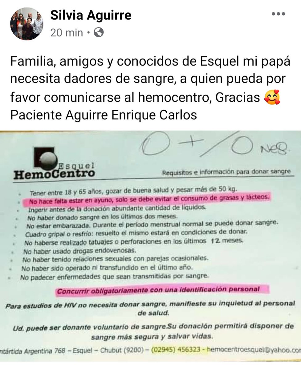 Pedido para amigos y conocidos de Esquel
Necesitamos dadores de sangre https://t.co/39qWTHIXJH
