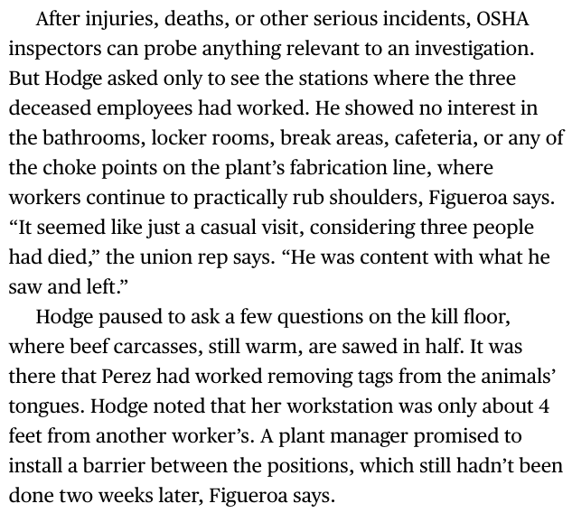 When the Department of Labor finally showed up to investigate 3 deaths at a Kansas beef plant, the inspector stayed only for 90 minutes.The plant had 100s of sick workers and 100s more in quarantine. It's still running, only 7% slower than usual. https://www.bloomberg.com/news/features/2020-06-18/how-meat-plants-were-allowed-to-become-coronavirus-hot-spots?sref=JTuIXQSO