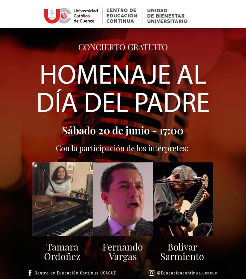 La Unidad de Bienestar Universitario en coordinación con el Centro de Educación Continua de la Universidad Católica de Cuenca te invitan a un Homenaje por Día del Padre 👨🏻👨🏻‍🦳.

¡INSCRÍBETE YA!
forms.gle/ja4QzTnMto1JkY…