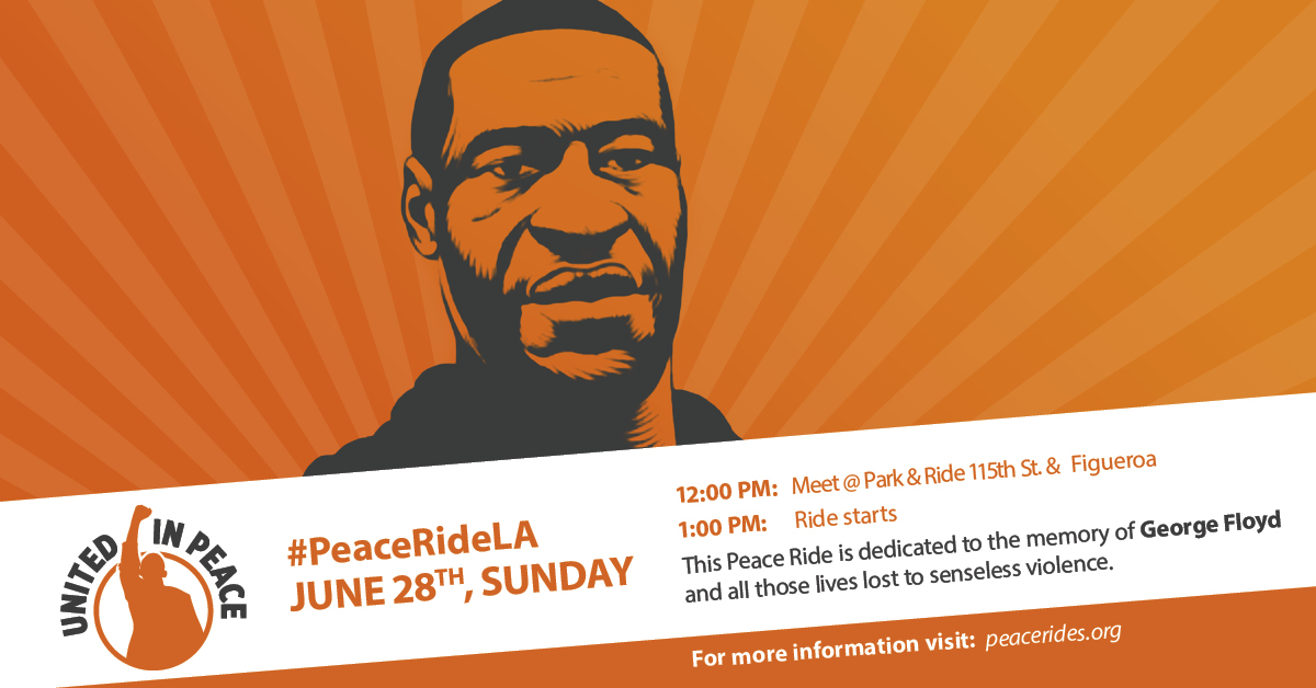 _PeaceRides's tweet photo. #PeaceRideLA 4th Sunday, June 28th. We ride for peace and for #GeorgeFloyd and all those lost to murder. Bring your mask and join us!  ✌🏿✌🏾✌🏽✌🏼✌️ https://t.co/UVXciyS4OD