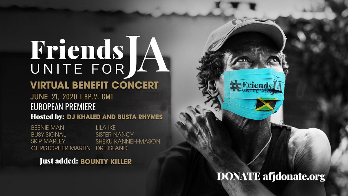 AFJcares's tweet photo. In 3 days we will premiere #FriendsUniteforJA Europe! Enjoy performances by @KingBeenieMan @busysignal_turf @SkipMarley @Iamchrismartin @LilaIkeJa Sister Nancy @ShekuKM @DreIslandMusic and Bounty Killer! Hosts @djkhaled and @BustaRhymes! Stream at https://t.co/iMybLMY9kr https://t.co/CPuJgiskU3