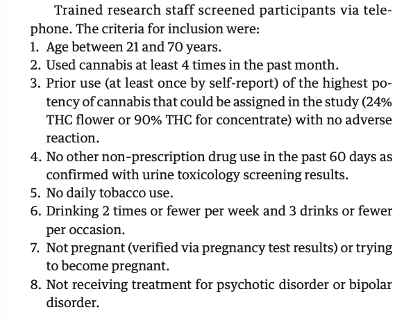 First, study used experienced  #cannabis consumers. Did not use novice consumers. To participate, must have consumed at least 4 times in past month, and have used highest potency flower or concentrate used in the study at least once before. Full inclusion criteria below: 6/