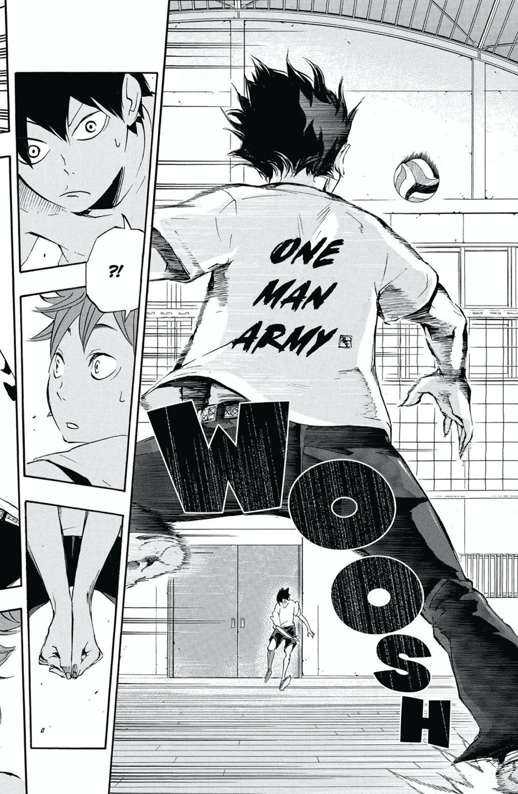 The most obvious one is when he first appears and beautifully digs Kageyama's serve.一騎当千: lit. means "a man who can fight against 1000 men", used to refer to mighty warriors.Or in this case, mighty sportsmen.(The Eng translation gets it right.)