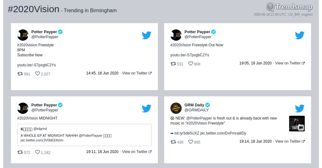 TrendBirmingham's tweet photo. #2020vision is now trending in #Birmingham

https://t.co/2uypz5RlvF https://t.co/J8eJqPWj8e