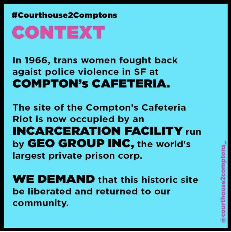 Asians4BlkLives's tweet photo. San Francisco—tonight, join the #Courthouse2Comptons march to liberate the site of this trans-led historic riot &amp; #DefundSFPD to #DefendBlackLife!!! #DefendBlackTransLife #BlackTransLivesMatter #NoPrideinPolice #NoPoliceinPride https://t.co/DnTZgPQgxQ