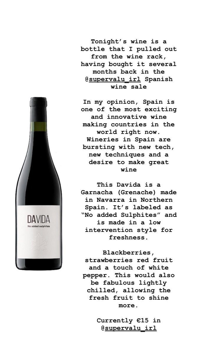 dudara's tweet photo. Today’s #miniwinereview features Davina Garnacha from Navarra, Spain. Purchased @SuperValuIRL https://t.co/Y9o0EKGoTf