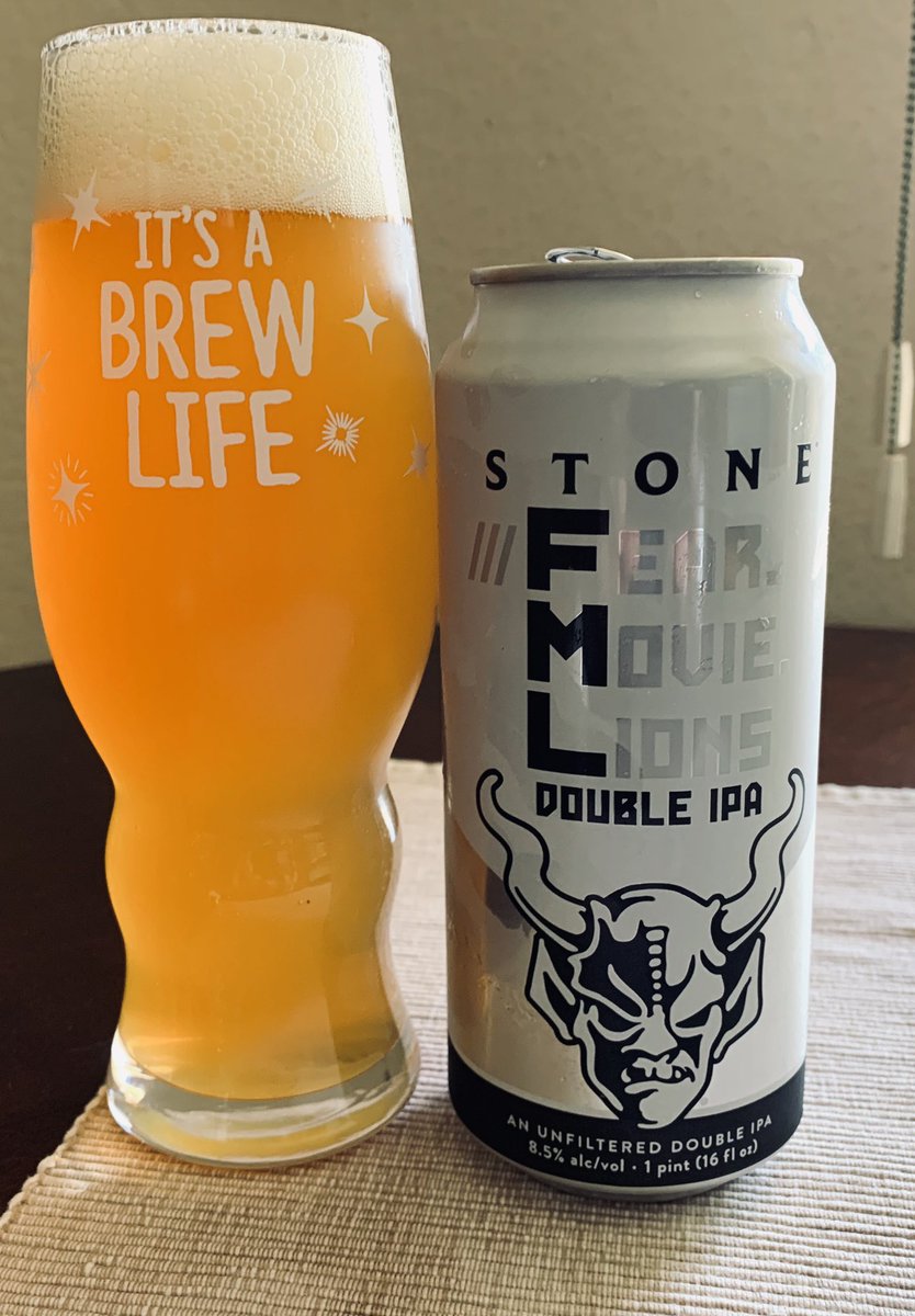 A kick ass DIPA. 8.5% ABV. Highly carbonated. Slightly opaque golden color. Long lived white soapy head. Hoppy flavor, nice quick sharp bitter finish. Definite boozy presence. Canned on 05/28/2020. Fear Movie Lions  by  @StoneBrewing  @bertrand_boily  @JonMontag  @Beerislove25