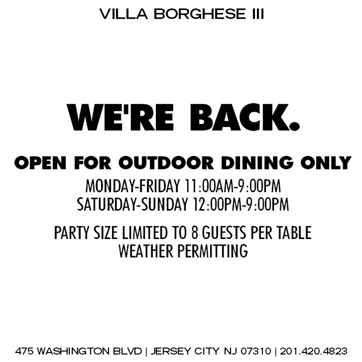 WE"RE BACK! For OUTDOOR dining only (we still offer delivery/pickup), accepting reservations for parties of 2-8. M-F 11-9, S-S 12-9 #alfresco #outdoordining #jerseycity