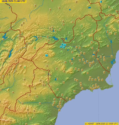 AEMET_Murcia's tweet photo. #Precipitaciones registradas durante la tarde noche del día 18, principalmente en la Comarca del Noroeste de la #RegiondeMurcia, red de la @chsriosegura, y rayos registrados en esa comarca y en la del #Altiplano https://t.co/DXZtVaYr5w
