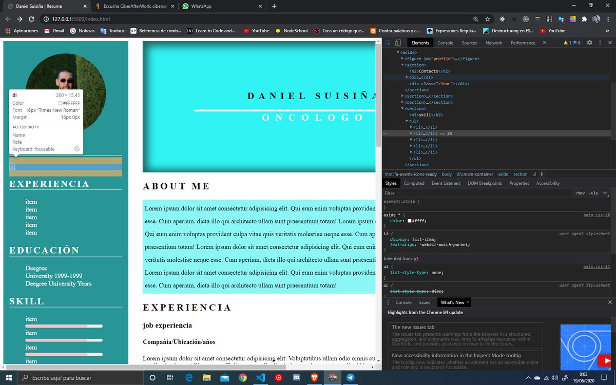 soygeekgirl's tweet photo. #100DaysOfCode #womenwhocode
#code #Day19 #JS #cvweb #git #css #html #FrontEnd haciendo el cv web de mi tio 😅 ojo no esta terminado 🤷♀️ , leyendo un poco de Pseudo-elements https://t.co/X8WJ1vtBZ0