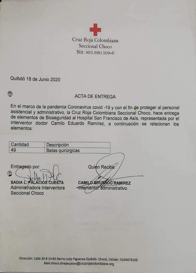 DonatonChocoGr's tweet photo. "Hoy hicimos entrega de los equipos de bioseguridad para el personal asistencial del Hospital Departamental San Francisco de Asís de la ciudad de Quibdó, en el marco de la #GRANDONATONCHOCÓ liderada por la Cruz Roja 🇨🇴 y la Diócesis de Quibdó" - Cruz Roja Seccional Chocó https://t.co/JicAA5sKEg