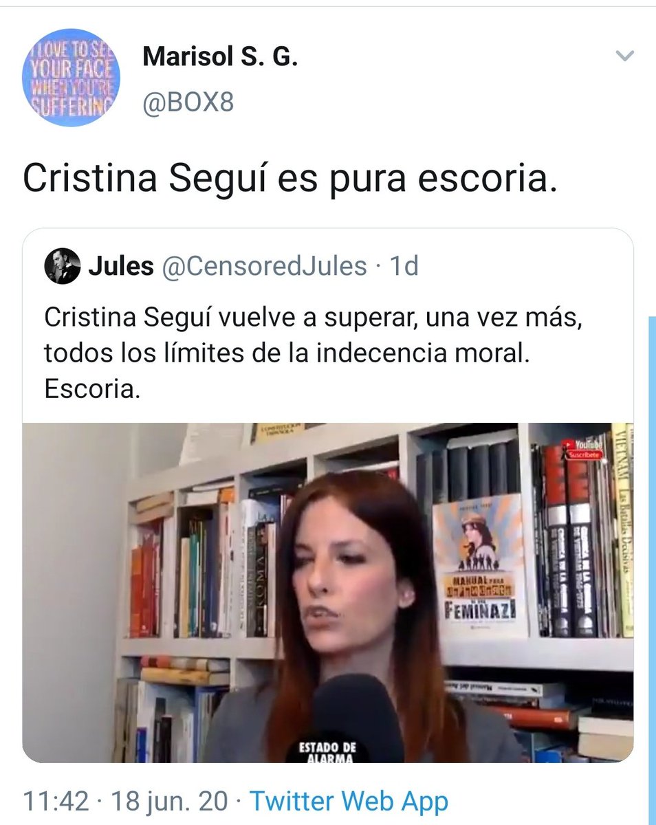 KaradeKona's tweet photo. @BOX8 @Manual37974573 @Hugodelamancha @JeanSorianne Mi querida Marisol Sánchez Gómez, la inquina es mala consejera y la soberbia mala compañía.
¿Porque sus frases magistrales son siempre insultos?
¿Porqué odia a las mujeres que no opinan como usted? ¿Es ese su feminismo?
No odie tanto y cierre al salir. https://t.co/TwtHX4knkb