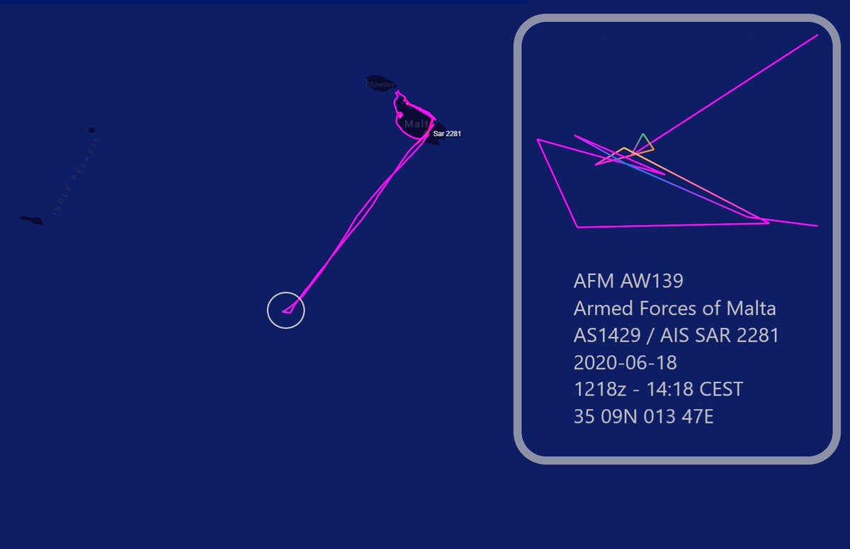 scandura's tweet photo. 3โฃ
2020-06-18
1329z โฑ๏ธ 15:29 CEST
๐ AFM ๐ฒ๐น Armed Forces of Malta AW139 #AS1429 (AIS โ๏ธ SAR 2281) is landed in Luqa after a SAR mission over Maltese SRR.
1218z ๐ orbiting ๐ 67 nm SW Malta.
https://t.co/gkw7zs0H73 https://t.co/5ZMduUIDgI