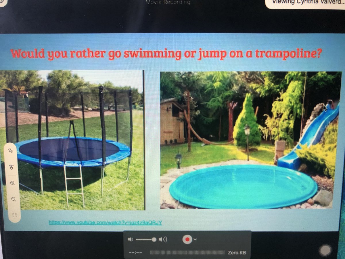 brustadd's tweet photo. Starting off with a question in Ms. Valverde's EC Summer School virtual classroom 'Would you rather jump on the trampoline or go swimming?' Which one would you choose? #LISDECSummerSchool, #LISDAtHome https://t.co/AfgvM2BW76