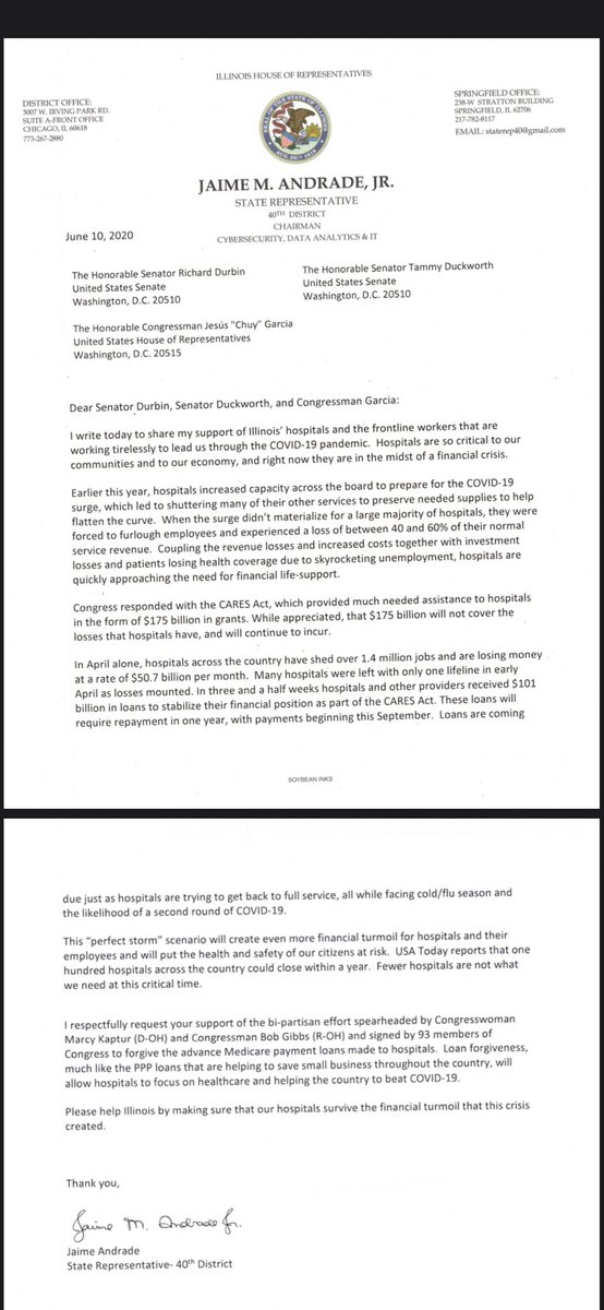 Illinois State Rep. Jaime Andrade is absolutely right!  Our hospitals need loan forgiveness!  #forgivenessforthefrontlines <a href="/SenDuckworth/">Tammy Duckworth</a> <a href="/SenatorDurbin/">Senator Dick Durbin</a> <a href="/RepChuyGarcia/">Congressman Chuy García</a> @RepBobGibbs <a href="/RepMarcyKaptur/">Rep. Marcy Kaptur</a> <a href="/SenateDems/">Senate Democrats</a> <a href="/HouseDemocrats/">House Democrats</a> <a href="/HouseGOP/">House Republicans</a> @senatemajldr <a href="/SenateGOP/">Senate Republicans</a> <a href="/SpeakerPelosi/">Nancy Pelosi</a>