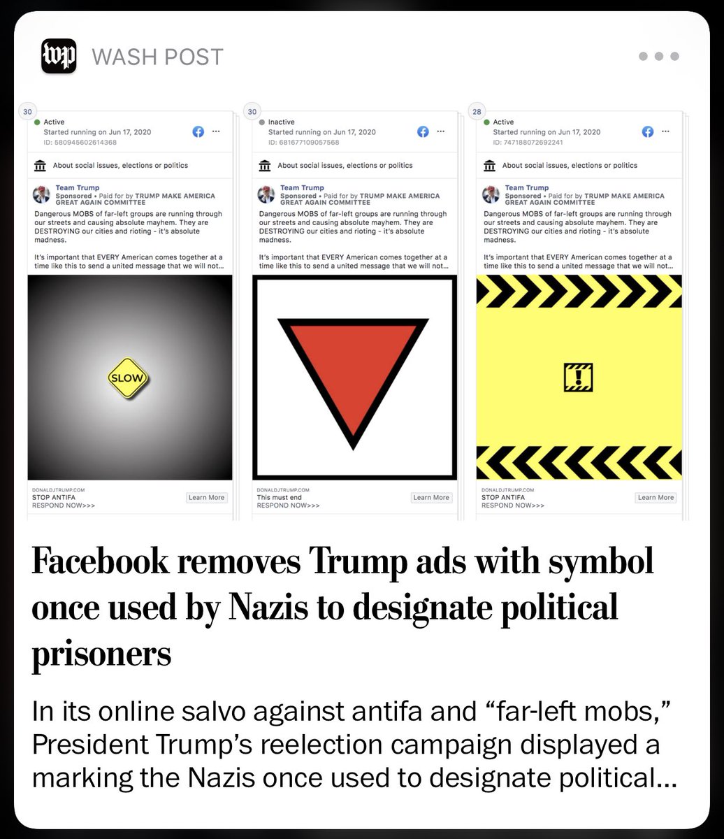 And now we wait for the campaign to put out the inevitable “this is proof of bias” statement https://www.cnn.com/2020/06/18/tech/facebook-trump-ads-triangle-takedown/index.html