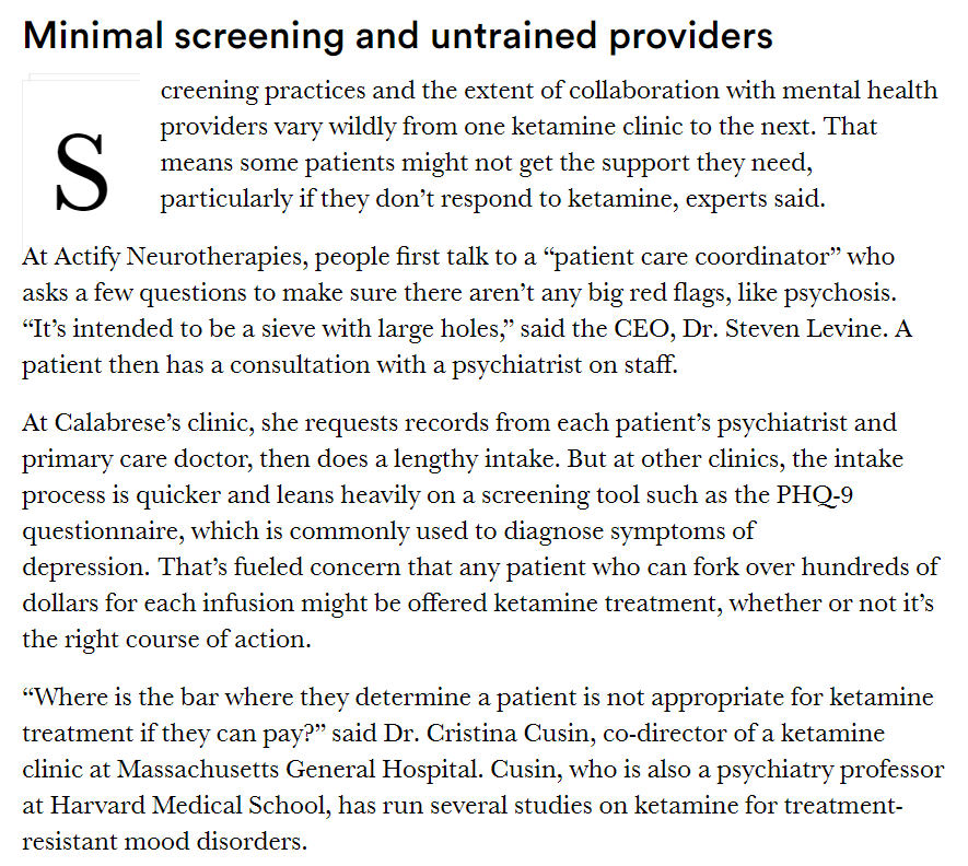 Secondly, ketamine has sort of become a drug fad. While there have been some promising studies, places like Kalypso Wellness Center are selling it for $495 an infusion while being handed out by untrained people who don't know how to help patients cope with the side effects.