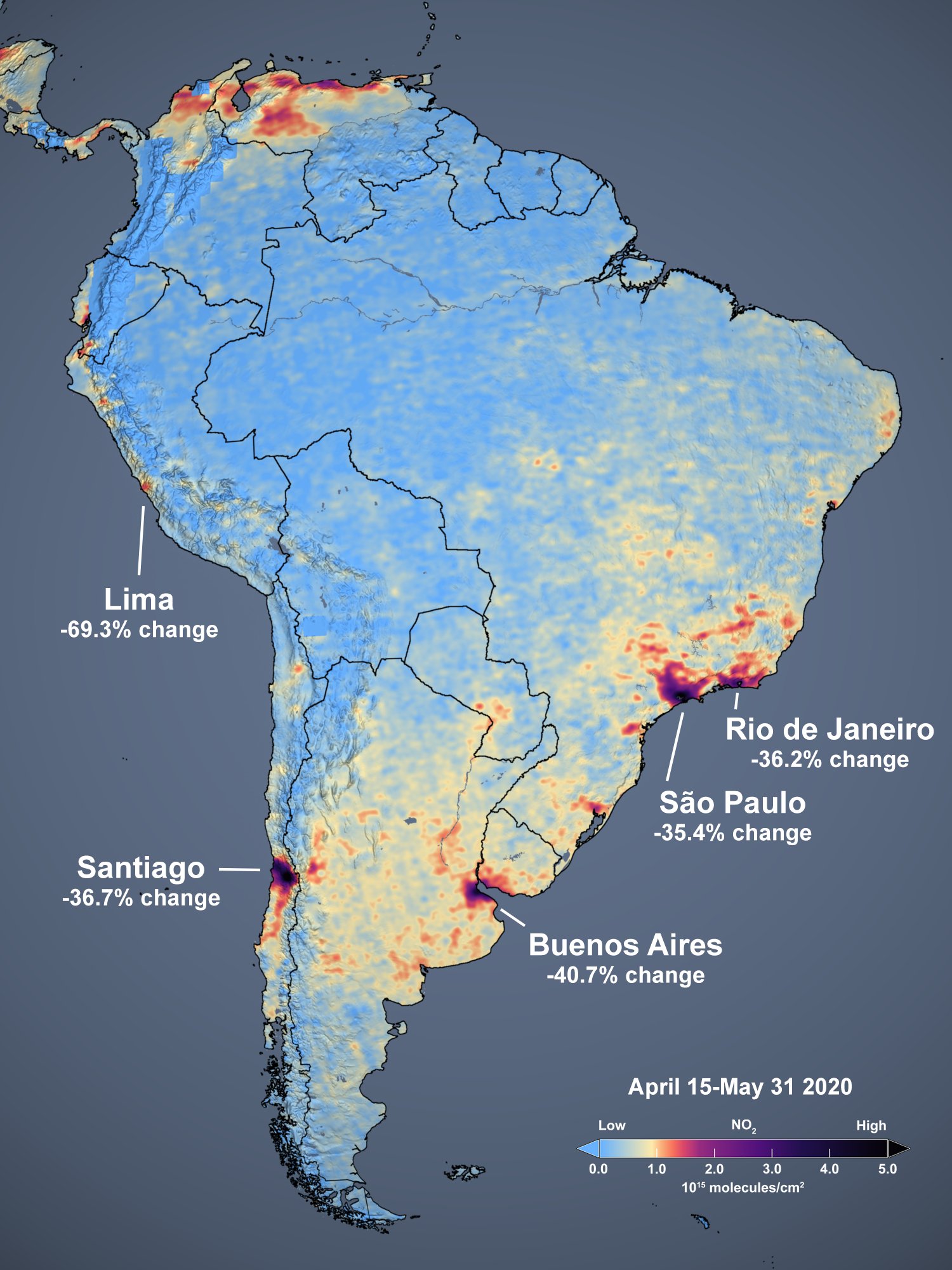 Nasa Earth Rio De Janeiro And Sao Paulo Brazil Along With Santiago Chile All Experienced 35 Decreases In Nitrogen Dioxide Emissions From The 15 19 Average T Co 81ecad6emj Twitter