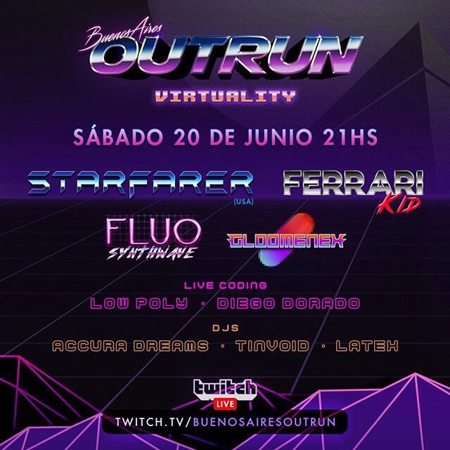 Este sabado la rompemos en la <a href="/BAiresOutrun/">Buenos Aires Outrun</a> #Virtuality! Con altos sets de <a href="/Starfarermusic/">Starfarer®</a> (USA) <a href="/Ferrarikid5/">Ferrari Kid</a> #Gloomenex #Fluo_synthwave <a href="/accuradreams/">accura dreams</a> #TinVoid #Latex
.
21hs
Twitch.tv/BuenosAiresOut…
.
#SynthWave #Retrowave
#buenosairesoutrun #SynthWaveParty
#BuenosAires #Argentina