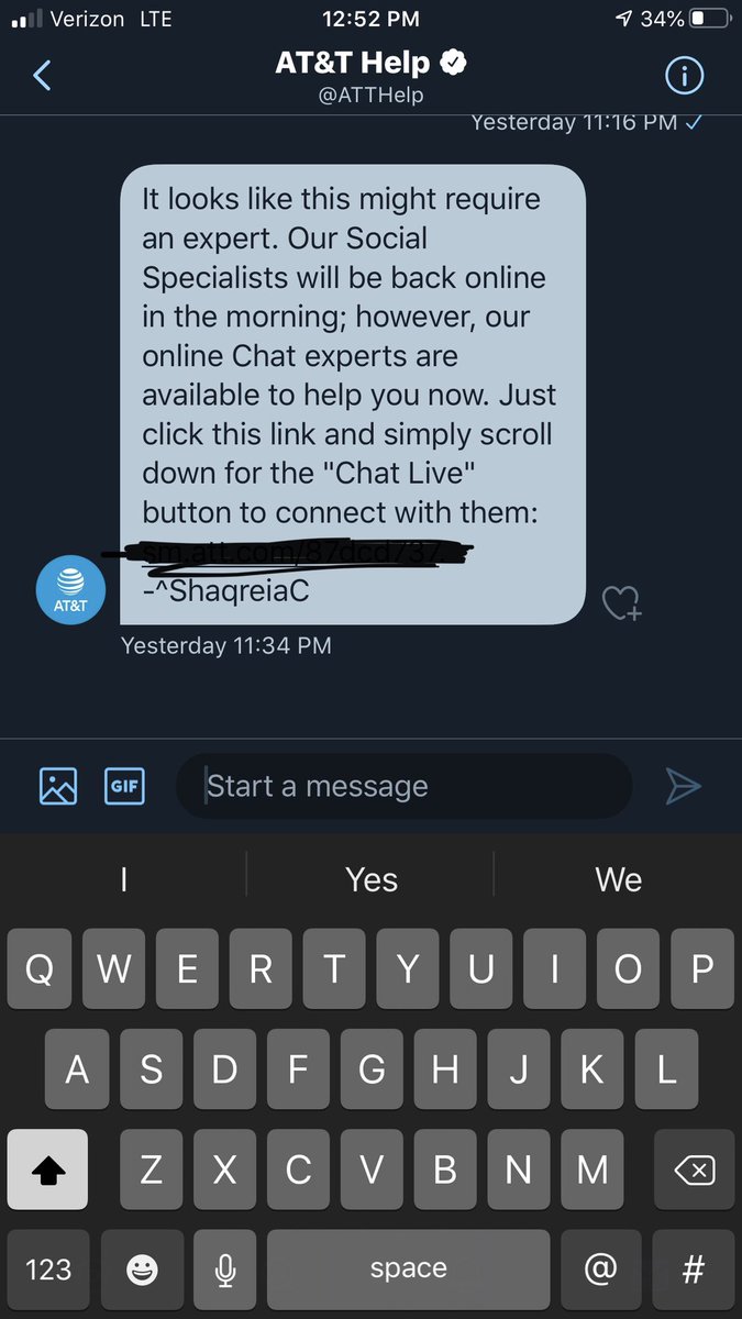 hayleecramer's tweet photo. In case anyone cares, @ATT doesn’t give a CRAP about customer service. They just reply to your tweet to make it look like they care. This is the same BS I got yesterday with a “specialist”. I’m calling you on your crap every day until you actually do something about my problem. https://t.co/9uiFGxfH9R