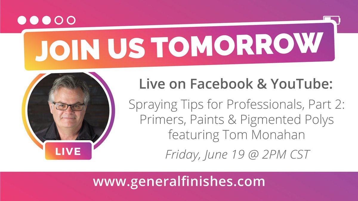 GeneralFinishes's tweet photo. Join Tom Monahan tomorrow in the spray booth for a #GFLive to discuss application techniques for primers, paints and pigmented topcoats, as well as equipment maintenance tips and solutions to common issues that may arise when spraying. Learn more here: https://t.co/BxwnTiIYGm https://t.co/jtdHDDfuAl