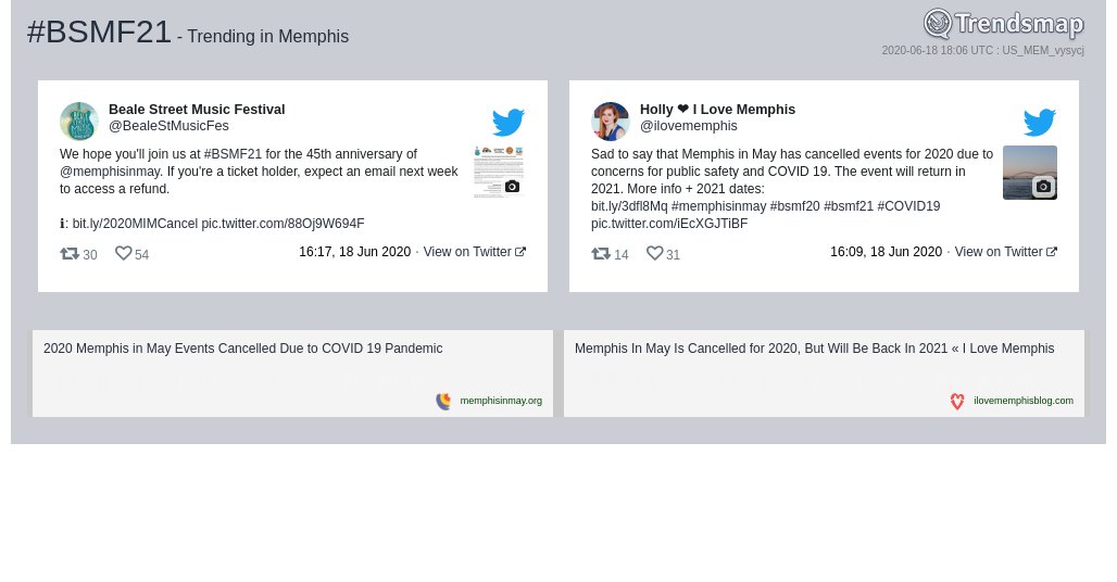 TrendsMemphis's tweet photo. #bsmf21 is now trending in #Memphis

https://t.co/oEzKm3lRHy https://t.co/3s9ZtqHafk