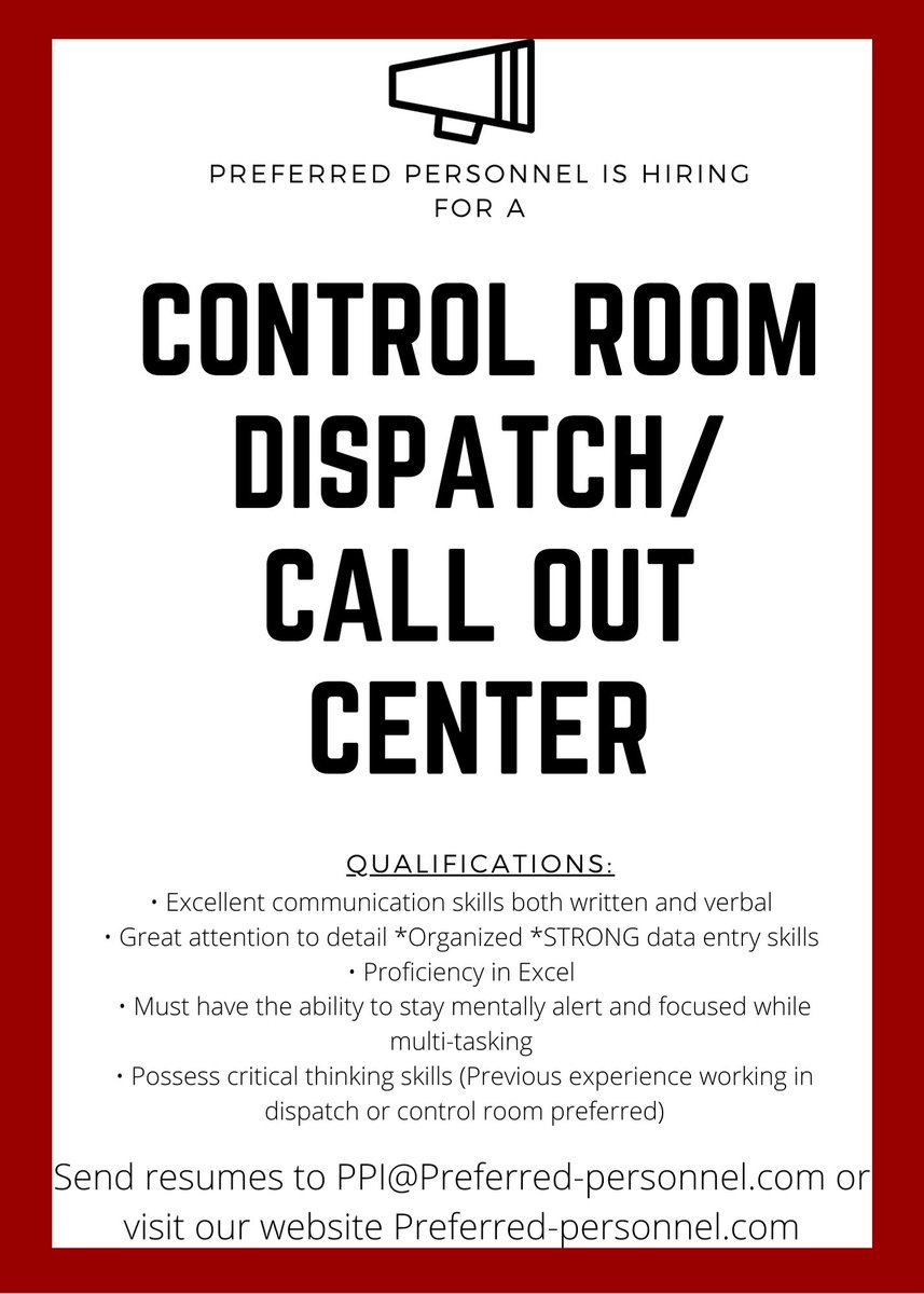 ppiUSA's tweet photo. Preferred Personnel is now seeking a Control Room Dispatcher/Call out Center. This is a 7 days on 7 days off night shift position with the hours 6:00pm-6:00am. If interested, please send your resume to
Ppi@preferred-personnel.com or visit our website https://t.co/7vpmLY6A7B https://t.co/oc5OXWhpn6